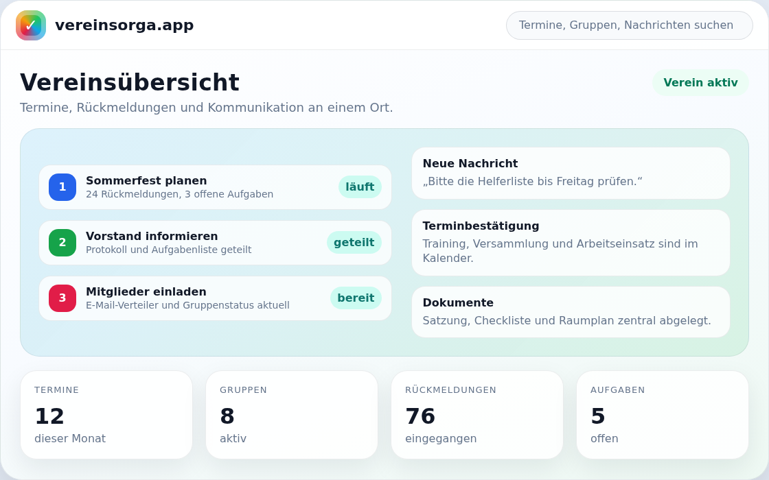 Vereinsorga Vorschau mit Terminen, Rückmeldungen und Kommunikation